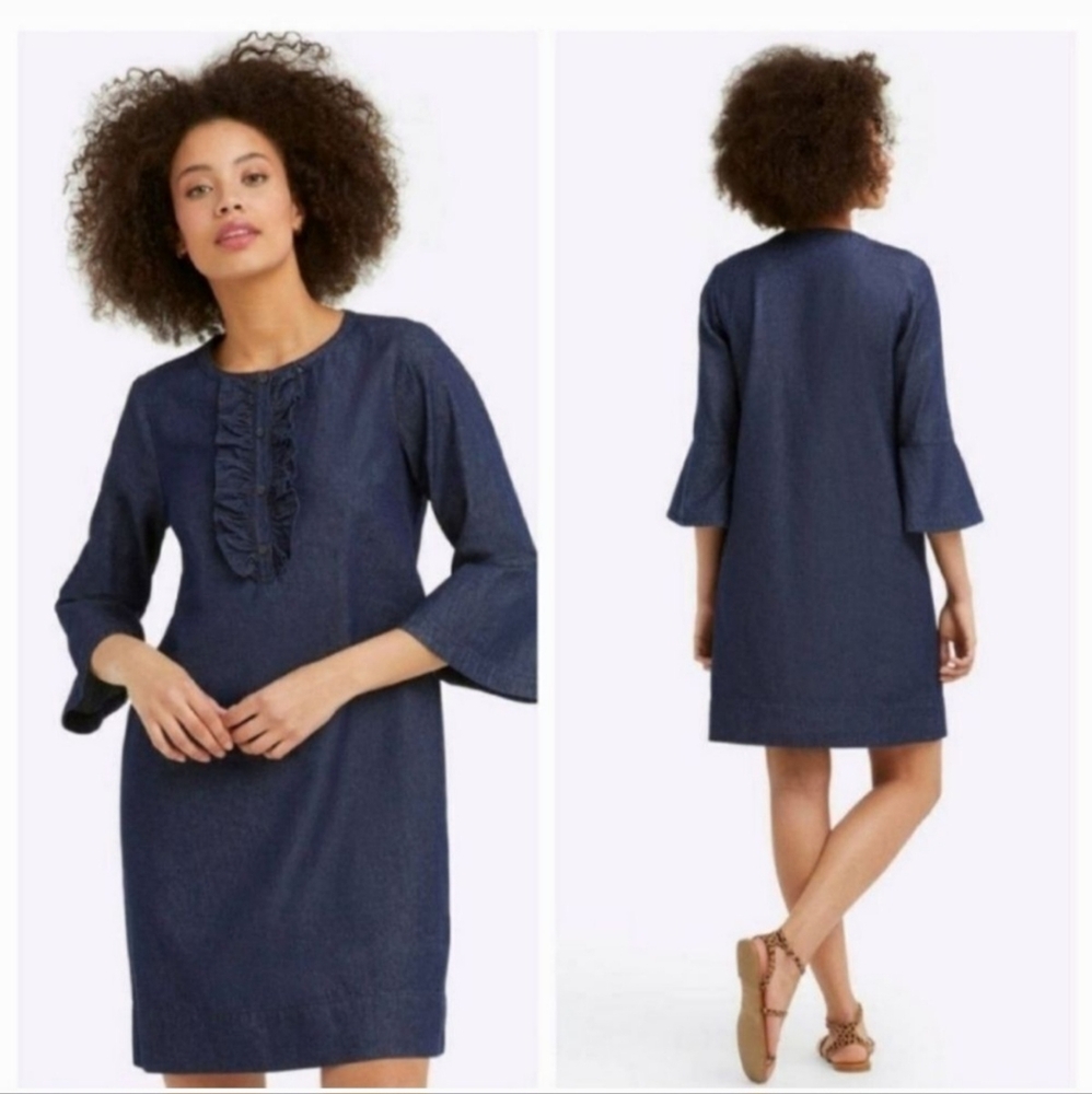 Draper James Dark Wash Chambray Denim Cotton Ruffle Shift Dress - 6 - Picture 5 of 12
